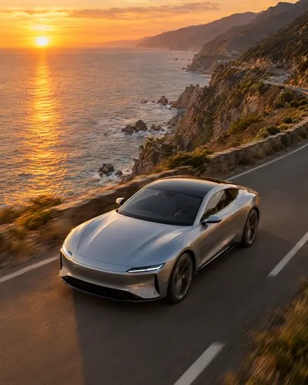 Silver electric coupe on a coastal cliff road at sunset