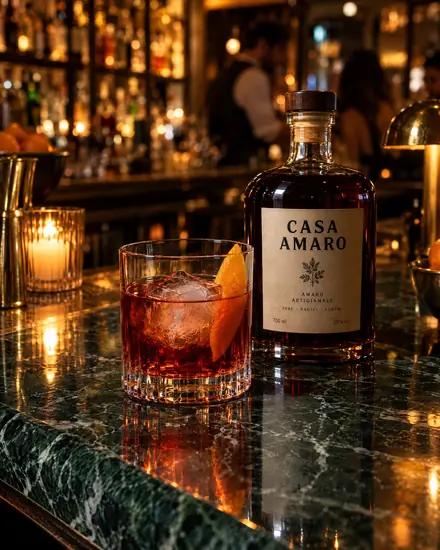 Negroni on a green marble bar in amber light