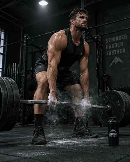 Athlete mid-deadlift with chalk dust in a dark gym