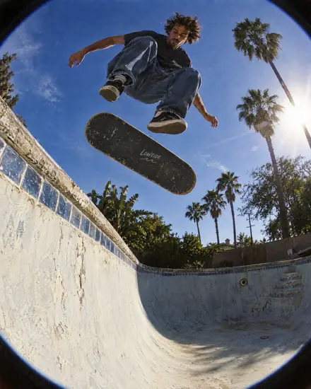 Skateboarder kickflipping over an empty pool, fisheye