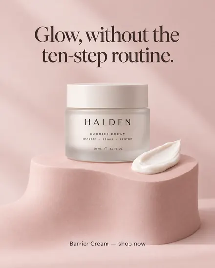 Skincare ad: cream jar on a pink plinth, headline 'Glow, without the ten-step routine.'
