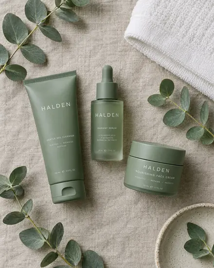 Sage green skincare set on linen with eucalyptus