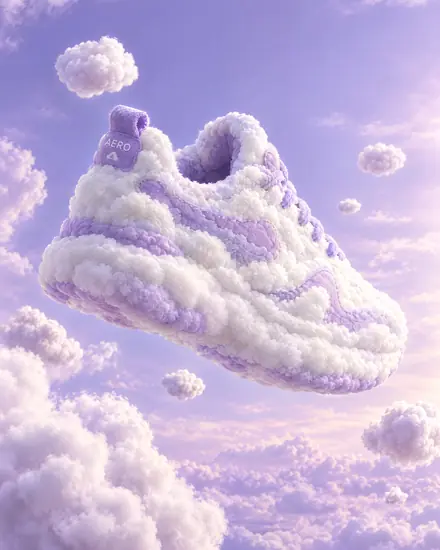 Sneaker sculpted from clouds in a lavender sky