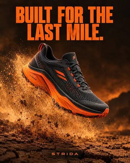 Running shoe ad in a burst of dust, headline 'Built for the last mile.'