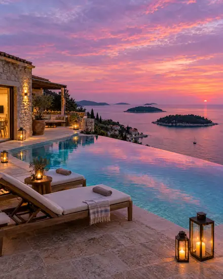 Infinity pool over the Adriatic at dusk