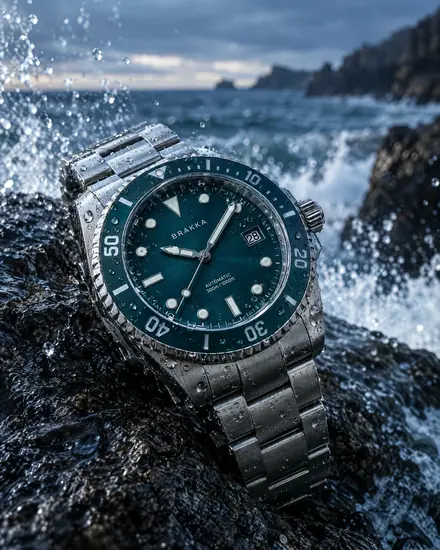 Teal dive watch on a wet rock in sea spray