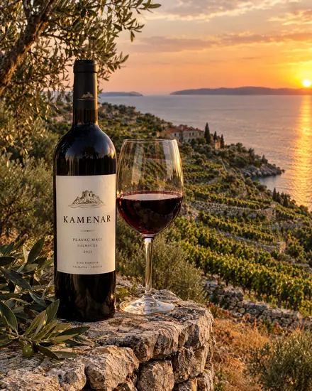 Red wine on a stone wall above Dalmatian vineyards at sunset